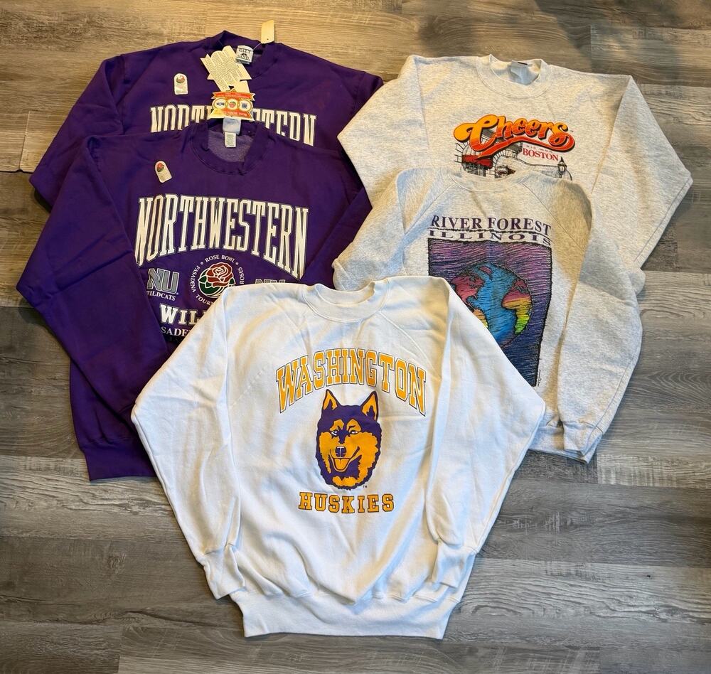 Lot of 5 Vintage Sweatshirts – College, Travel & Graphic Designs